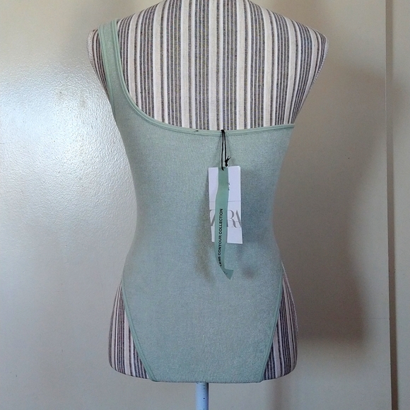 Zara Terrycloth one shoulder bodysuit size XS-Small Light Green Pull-on - Picture 4 of 13